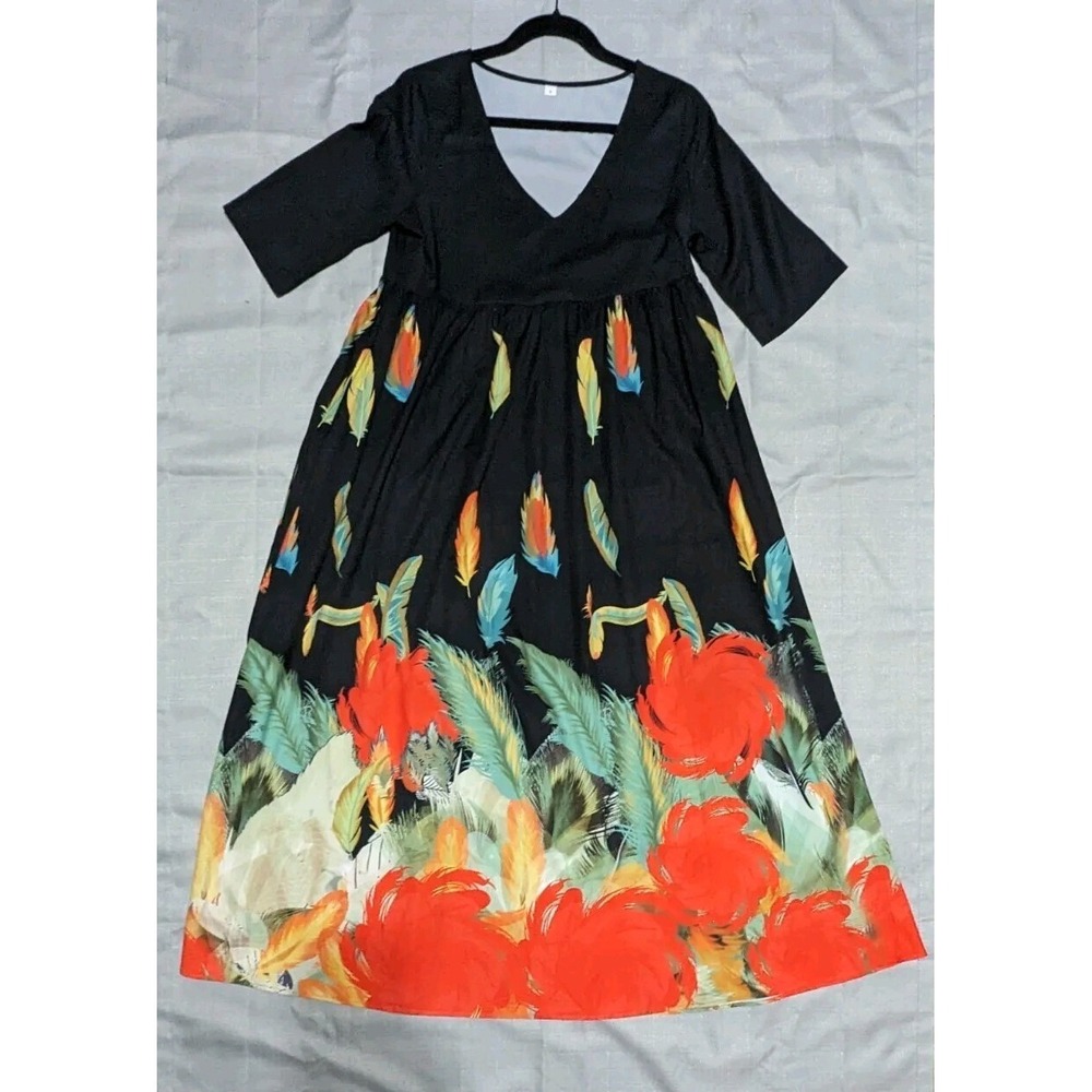 Women's V-Neck Half Sleeve Maxi Dress Printed Feathers and Floral Size S